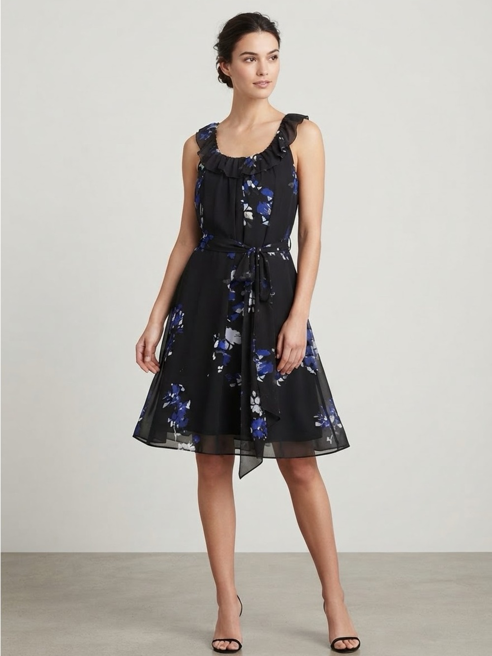 JACOB Sleeveless Ruffle Neck Floral Tie Waist Swing Dress - Size M